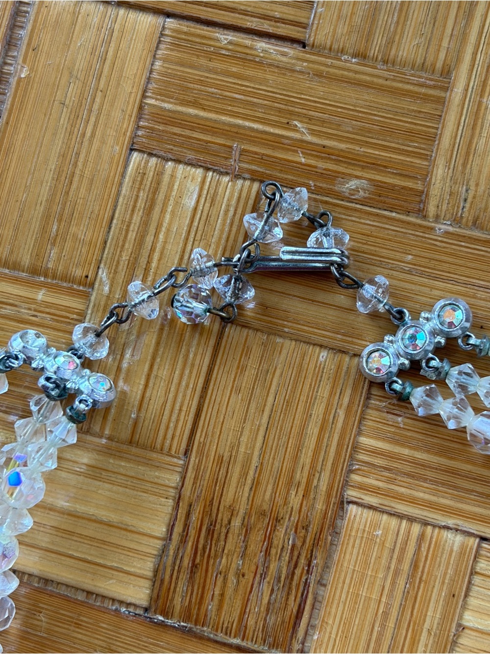 Vintage AB Crystal Necklace Bracelet Set Triple Strand Faceted Beads Bridal - Picture 7 of 10